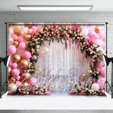 Aperturee - Floral Arch Pink Balloons Curtain Fine Art Backdrop